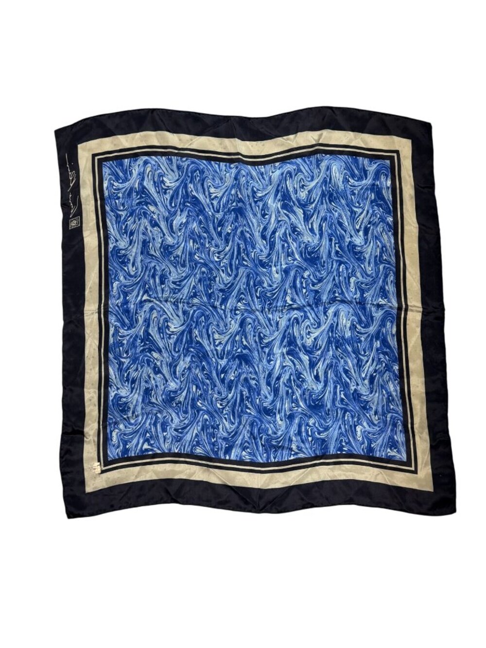 Vintage Anne Klein Silk Scarf Square Marbled Blue And Beige Hand Rolled 25"x25"